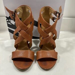 Nine West cognac brown Mauren wedge strappy sandal, approx 4” wedge